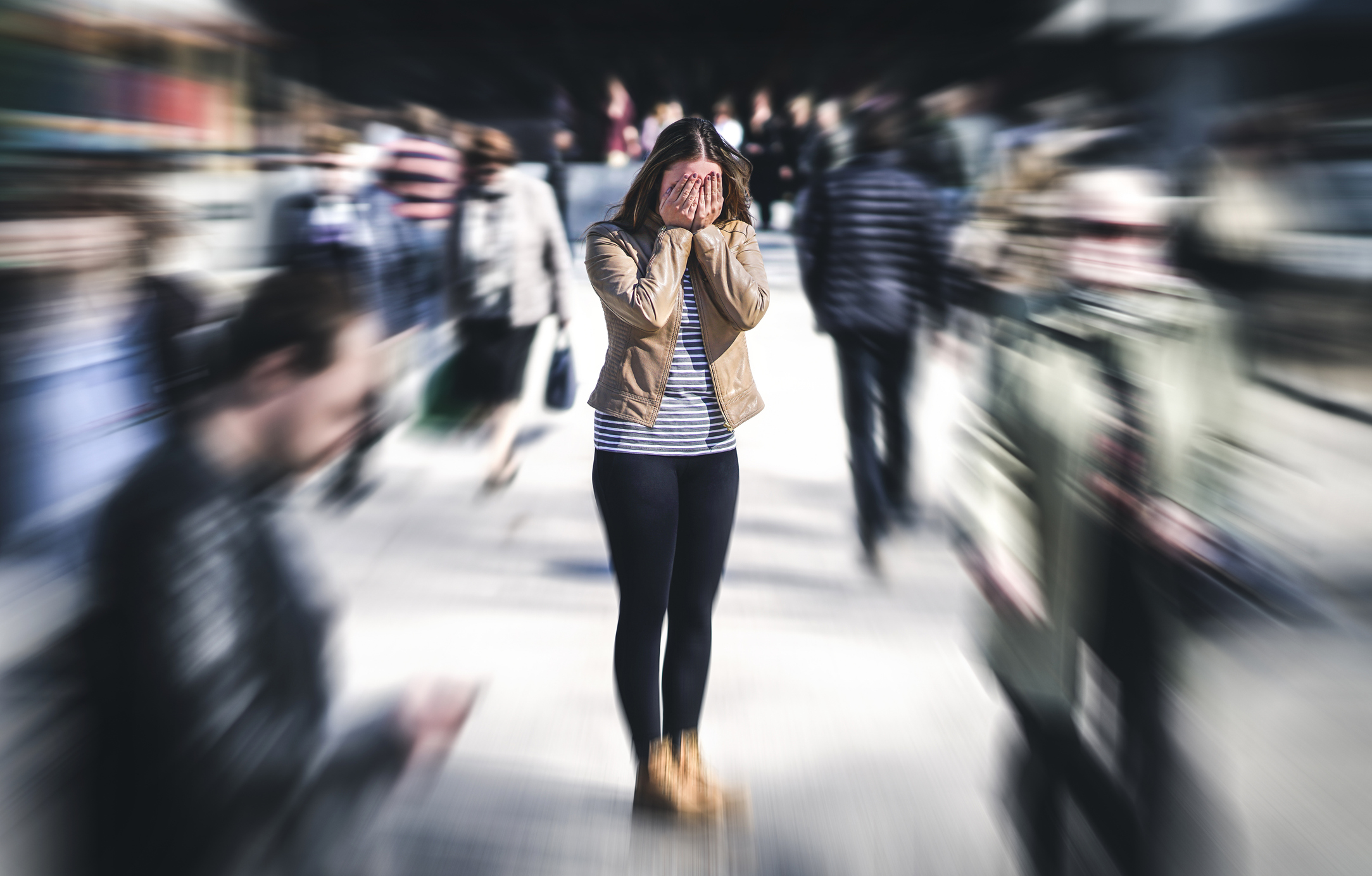 Panic attack in public place. Woman having panic disorder in city. Psychology, solitude, fear or mental health problems concept.